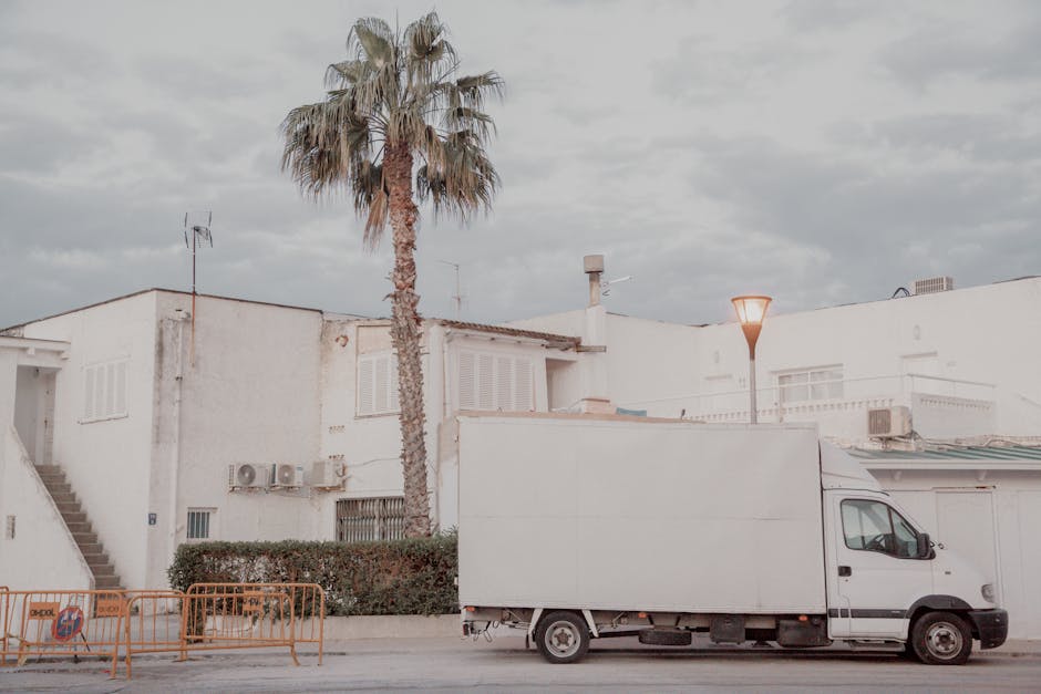 A white moving van is parked on a pavement in front of a white residential building with a palm tree nearby. The van's side door is closed, and it is positioned next to orange safety barriers that res